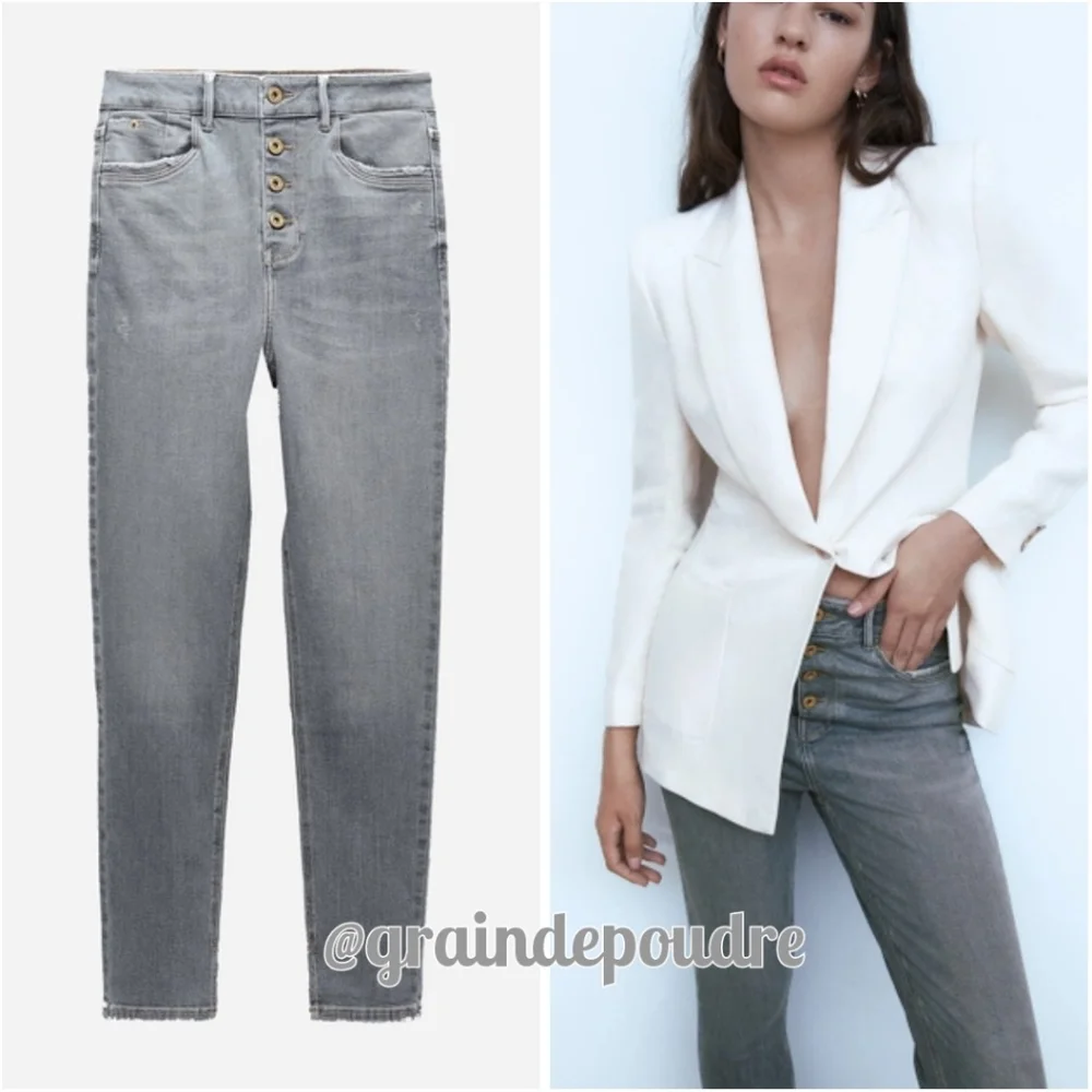 New! Zara Light Gray Button Fly Skinny Cropped Jeans 34 2 - Picture 1 of 3